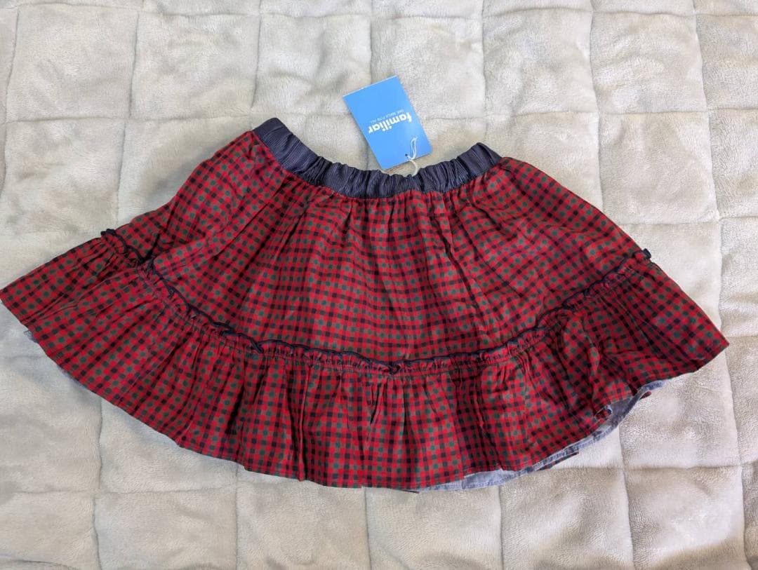 【未使用、タグ付】familiar チェックスカート★リバーシブル 赤・デニム