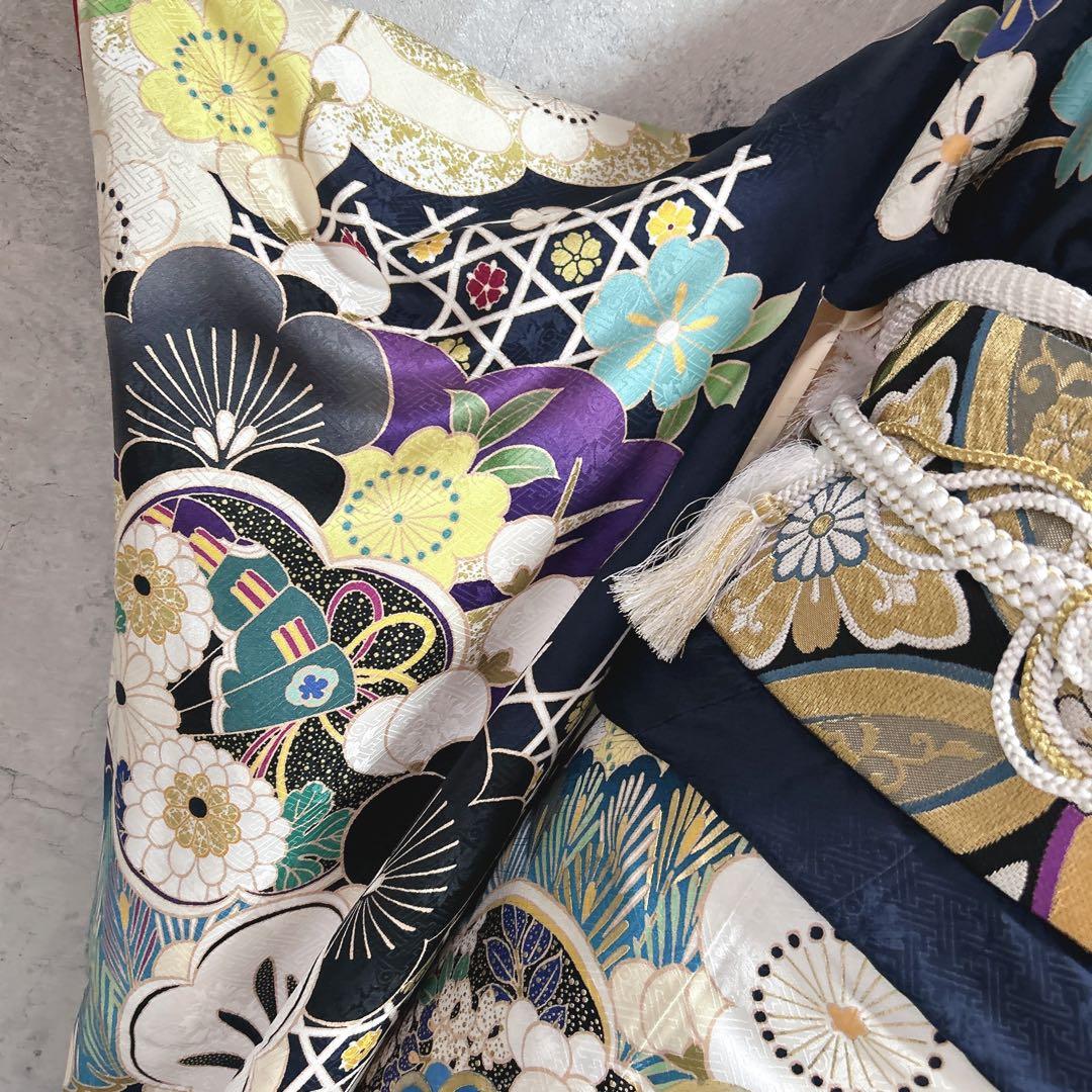 振袖　フルセット　ヤマト謹製　濃いネイビー　豪華　モノトーン　成人式　二十歳