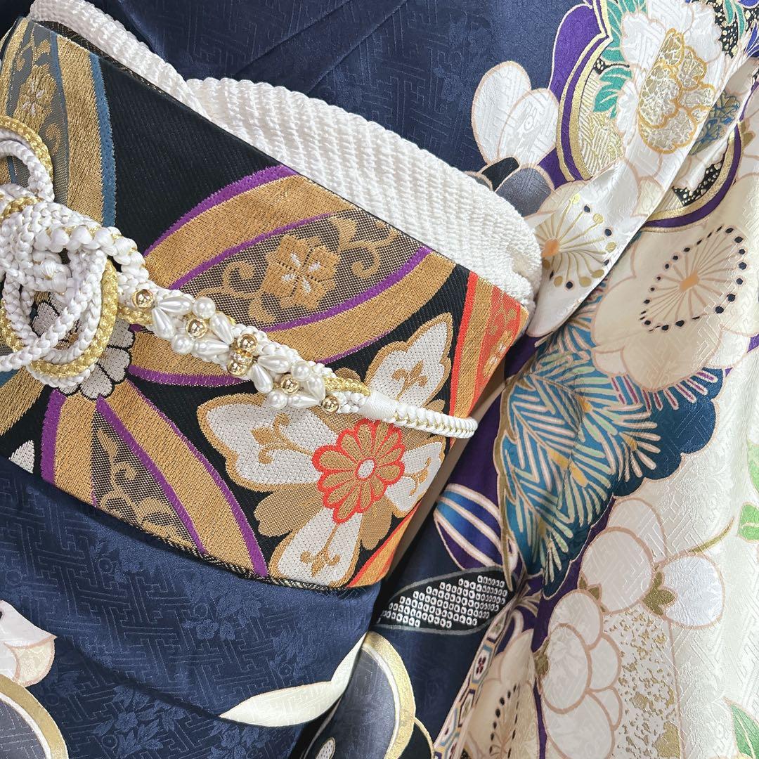 振袖　フルセット　ヤマト謹製　濃いネイビー　豪華　モノトーン　成人式　二十歳