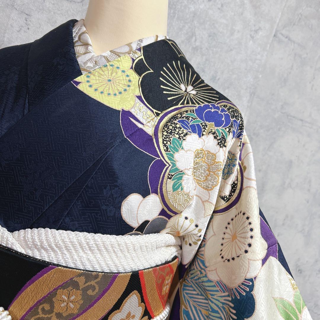 振袖　フルセット　ヤマト謹製　濃いネイビー　豪華　モノトーン　成人式　二十歳