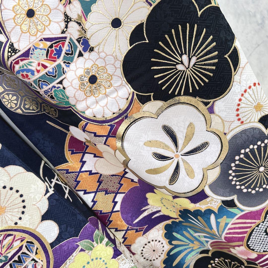 振袖　フルセット　ヤマト謹製　濃いネイビー　豪華　モノトーン　成人式　二十歳