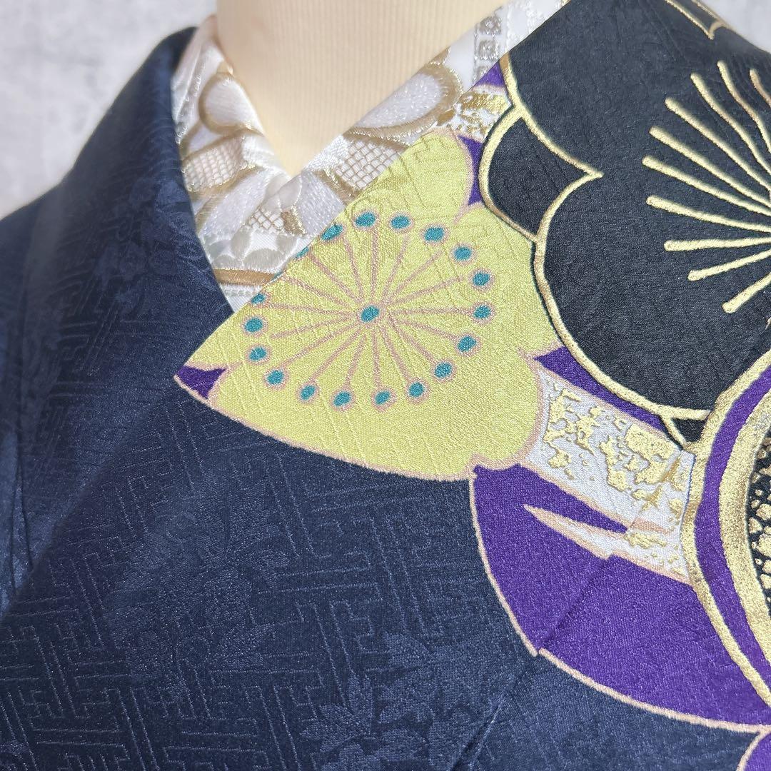 振袖　フルセット　ヤマト謹製　濃いネイビー　豪華　モノトーン　成人式　二十歳