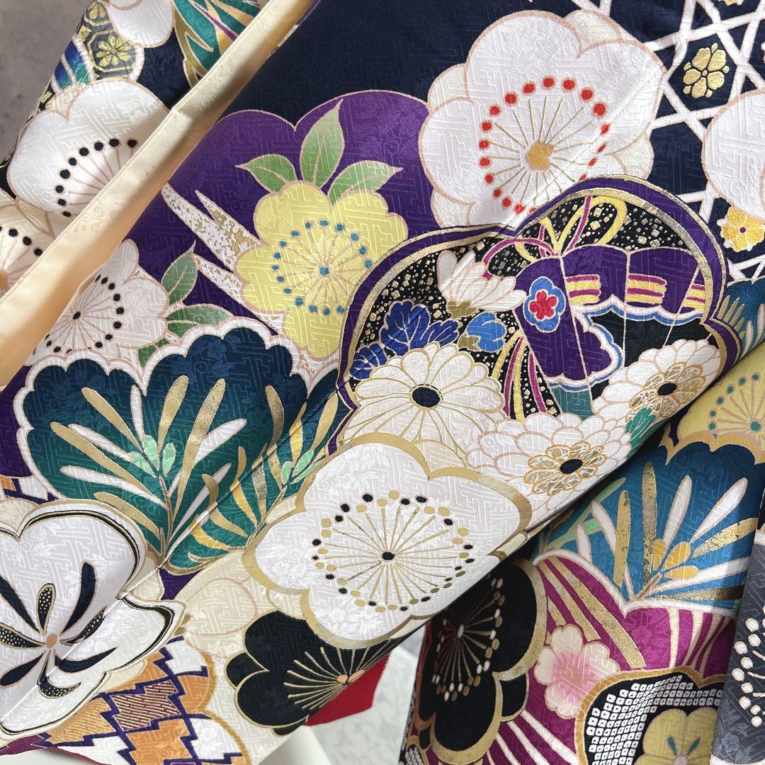 振袖　フルセット　ヤマト謹製　濃いネイビー　豪華　モノトーン　成人式　二十歳