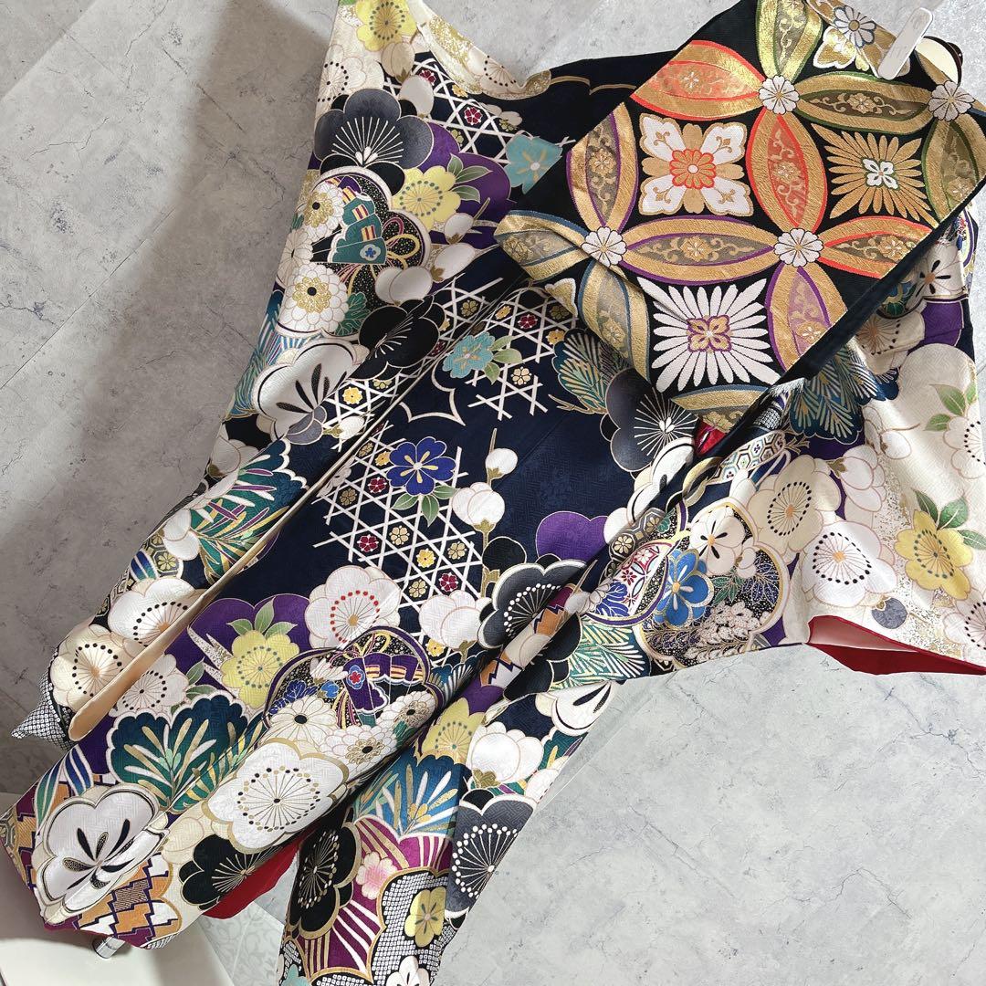 振袖　フルセット　ヤマト謹製　濃いネイビー　豪華　モノトーン　成人式　二十歳