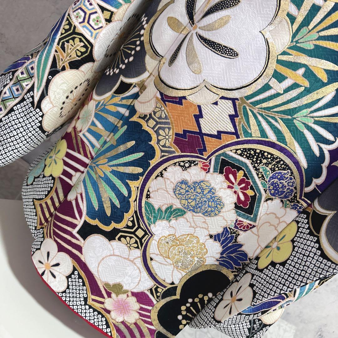 振袖　フルセット　ヤマト謹製　濃いネイビー　豪華　モノトーン　成人式　二十歳