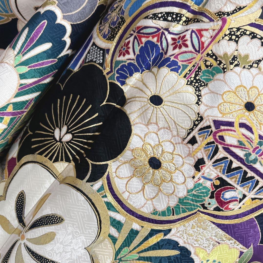 振袖　フルセット　ヤマト謹製　濃いネイビー　豪華　モノトーン　成人式　二十歳