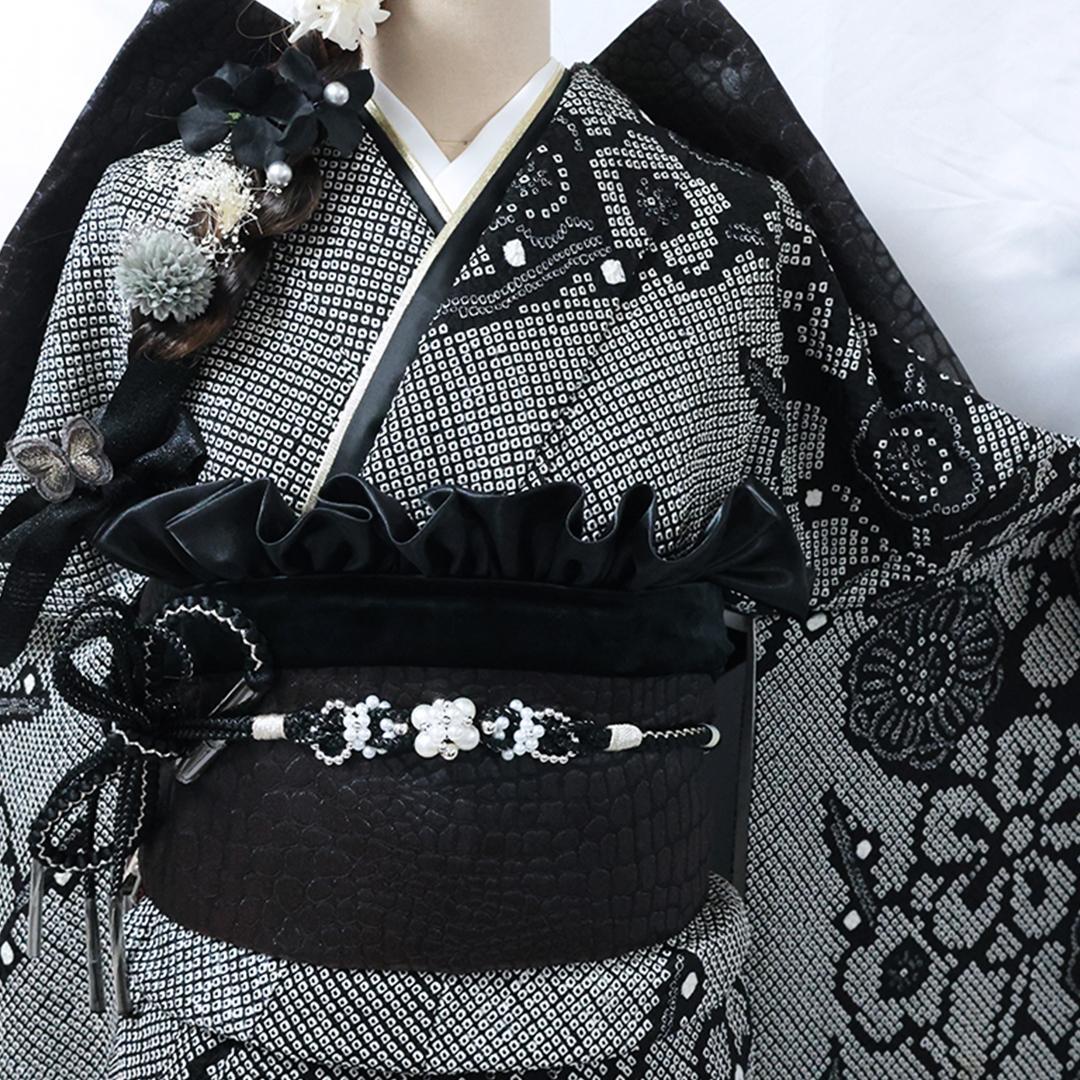 ^_−☆◆ 振袖7点セット ◆フルセット総絞り黒白sS11