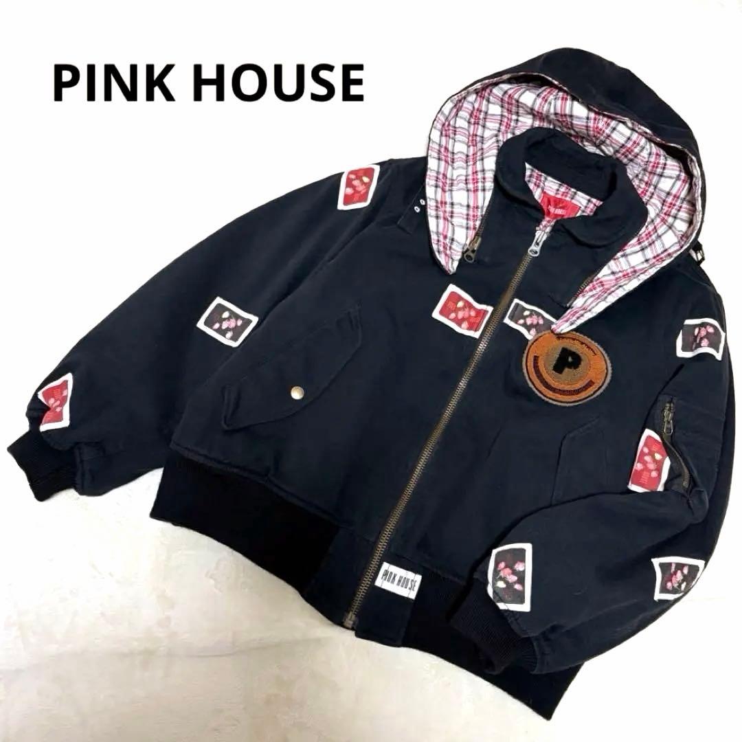 ピンクハウス 苺 キャンドル ワッペン ゼッケン 黒 フード付きブルゾン【P55