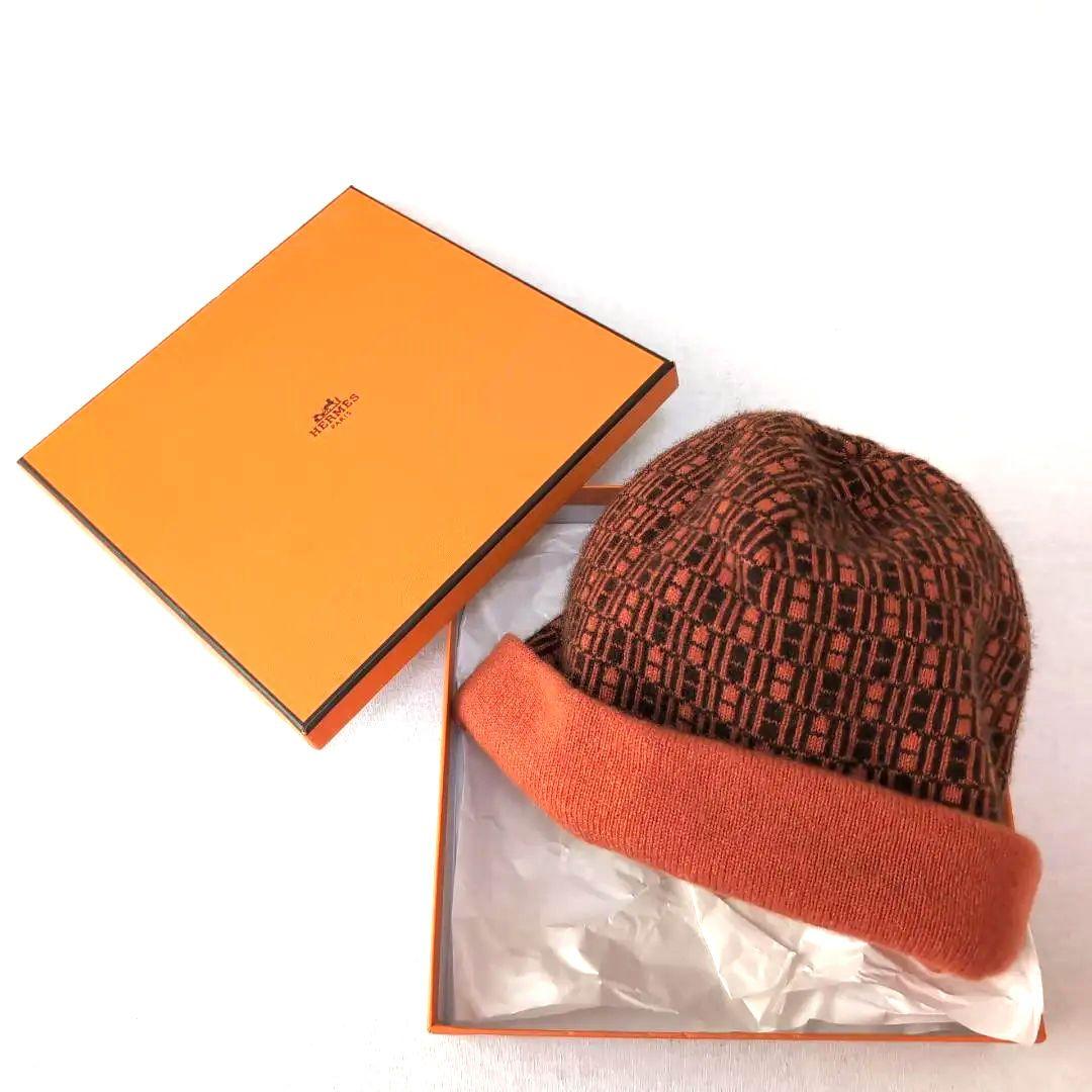 上質カシミヤ100％◆HERMES エルメス ニット帽 総柄ロゴ LA d95