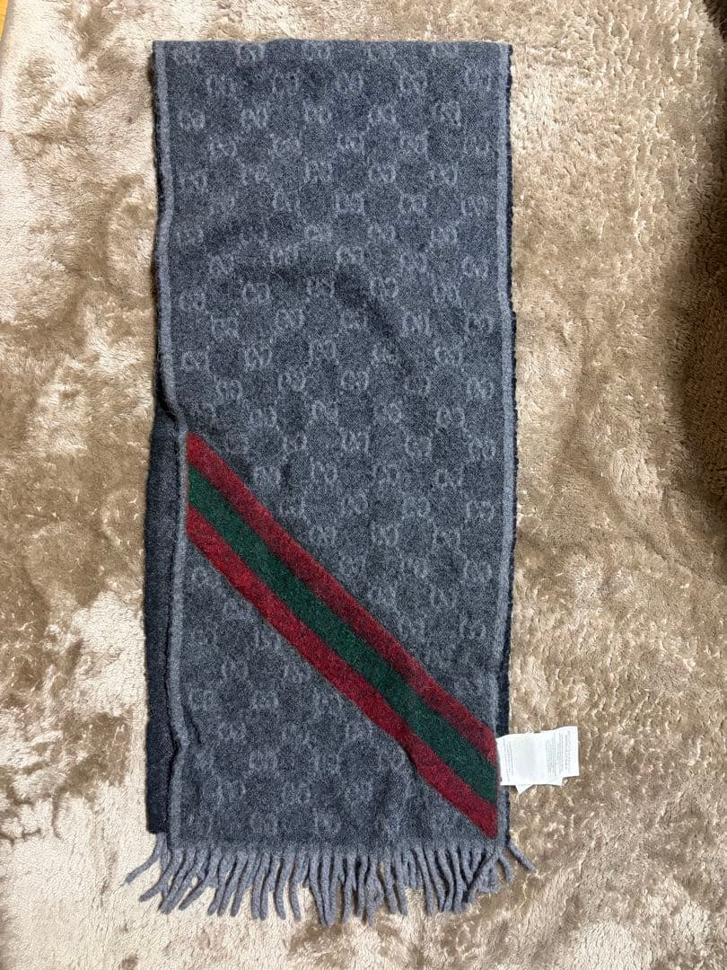 GUCCI グッチ シェリーライン ウール100％ マフラー グレー