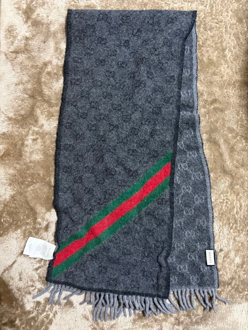 GUCCI グッチ シェリーライン ウール100％ マフラー グレー