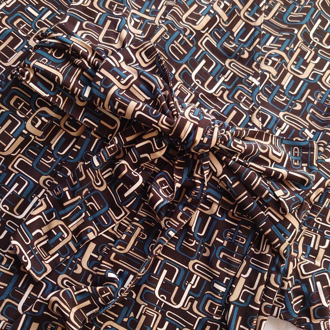 みるレリアン カシュクールワンピース ロング 七分袖 総柄 茶 11 L