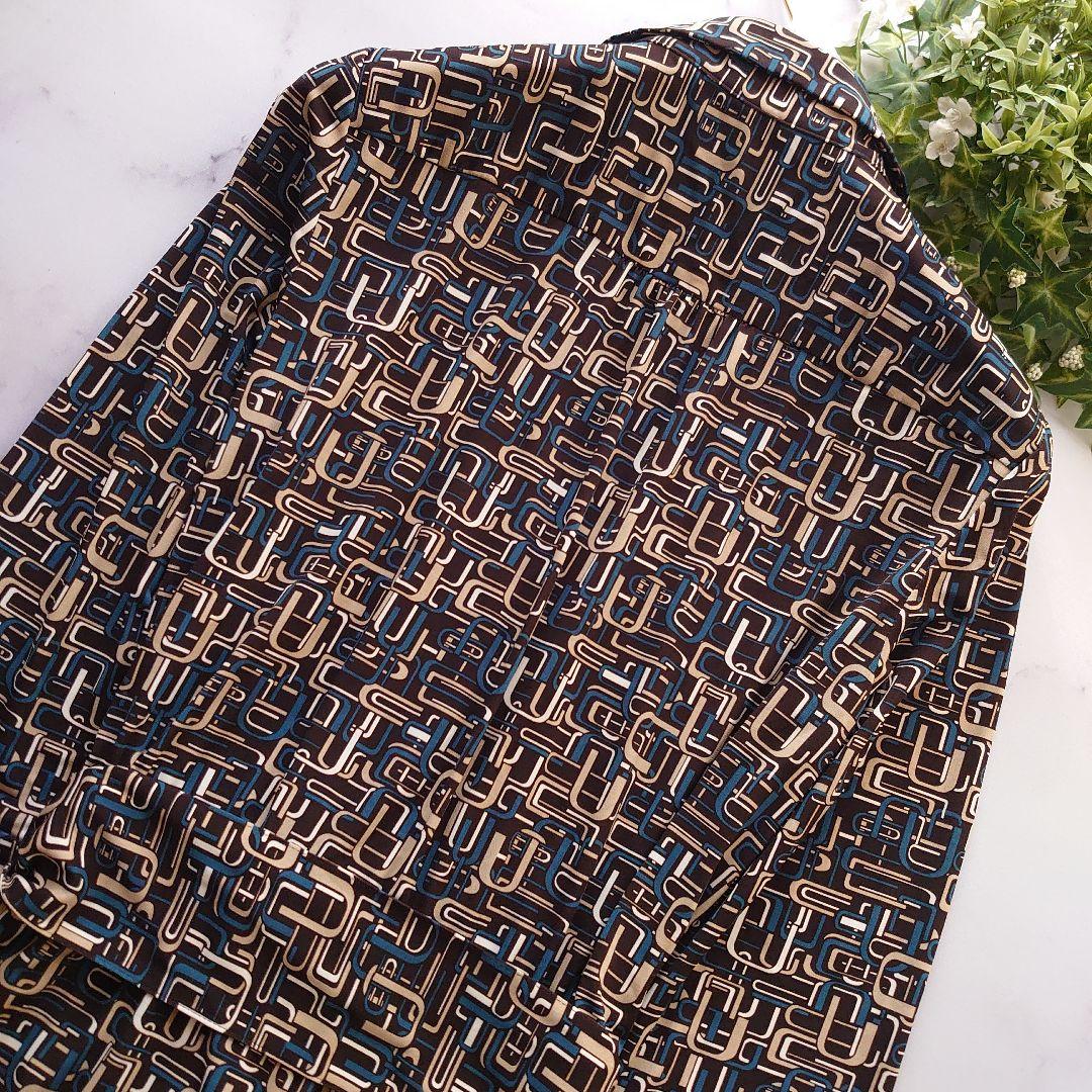 みるレリアン カシュクールワンピース ロング 七分袖 総柄 茶 11 L