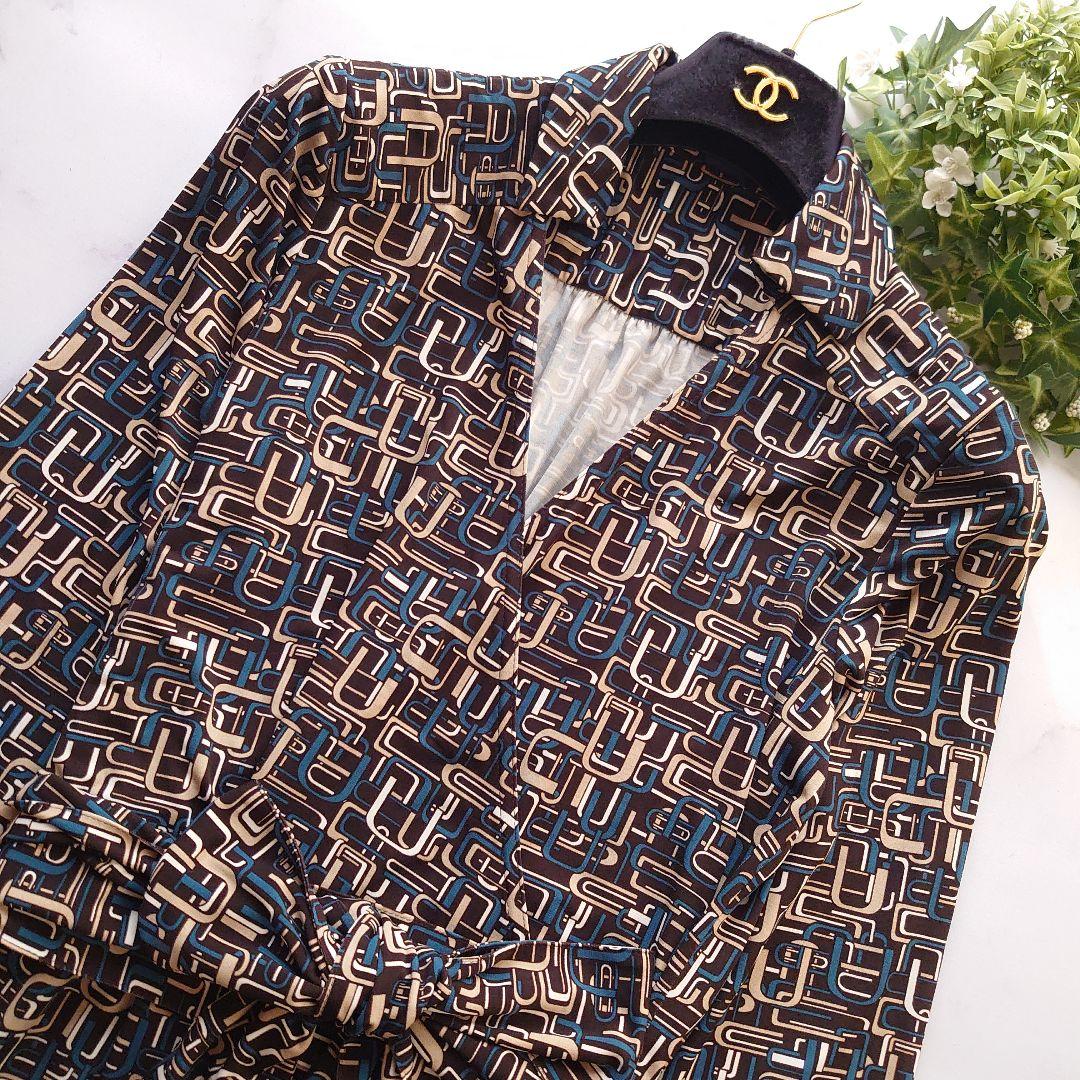 みるレリアン カシュクールワンピース ロング 七分袖 総柄 茶 11 L