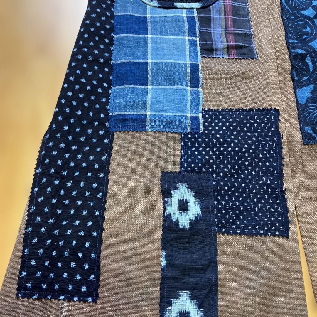 柿渋染め酒袋古布型染め雪ん子格子、縞木綿庄内刺し子ポケットリメイク前掛け男女兼用