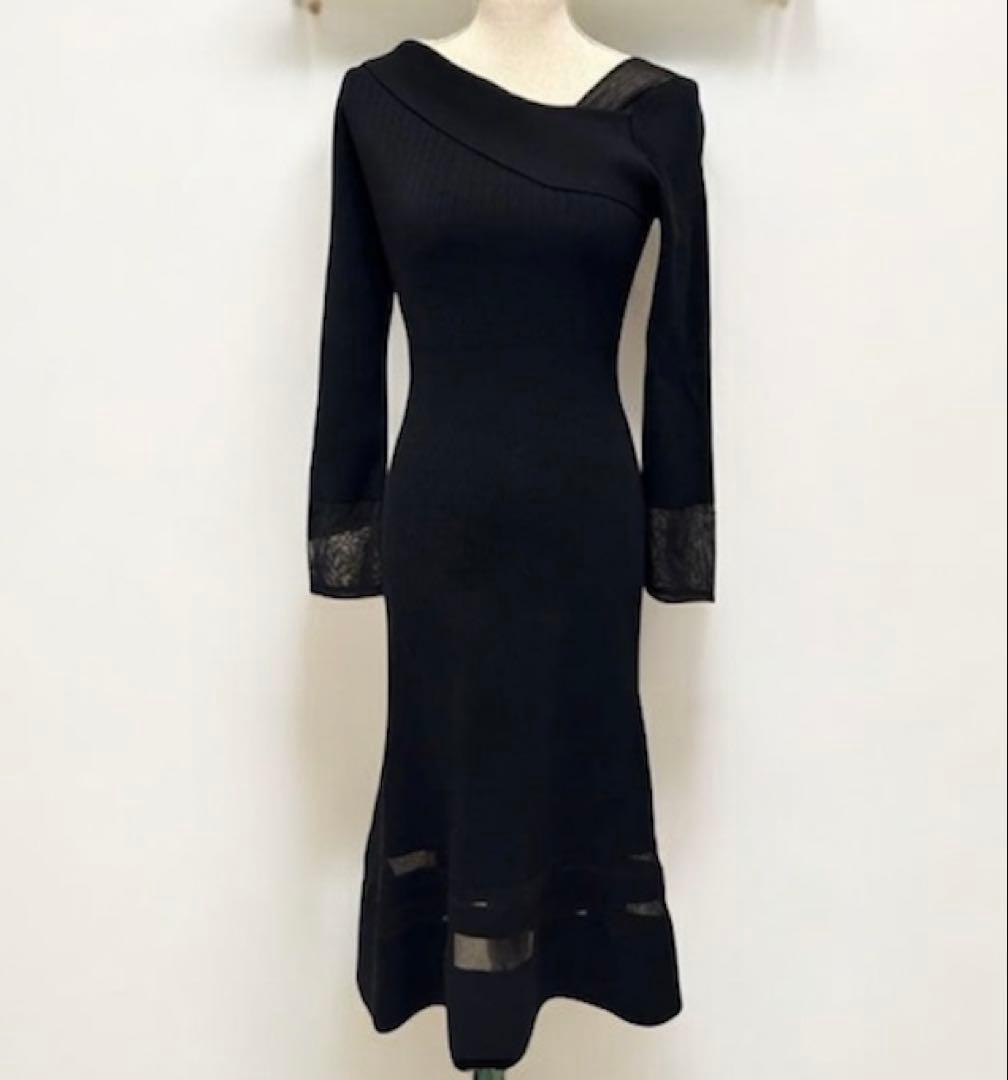 ピンキー&ダイアン黒 ロングニットワンピース 長袖 レース袖口 M