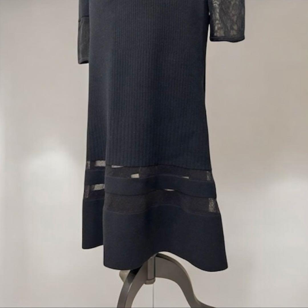 ピンキー&ダイアン黒 ロングニットワンピース 長袖 レース袖口 M