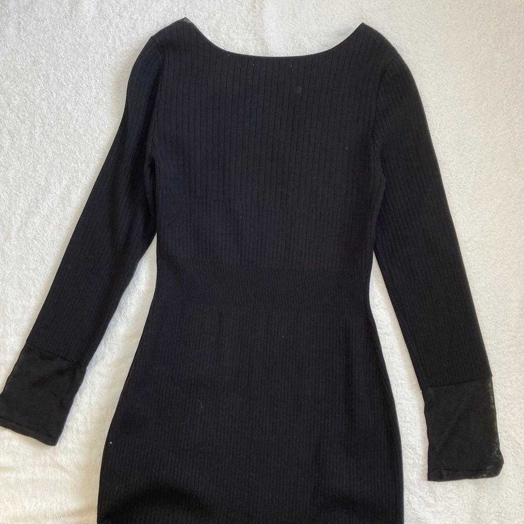 ピンキー&ダイアン黒 ロングニットワンピース 長袖 レース袖口 M