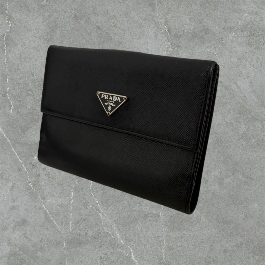 極美品✨ PRADA プラダ 三つ折り財布 サフィアーノ ブラック 三角ロゴ