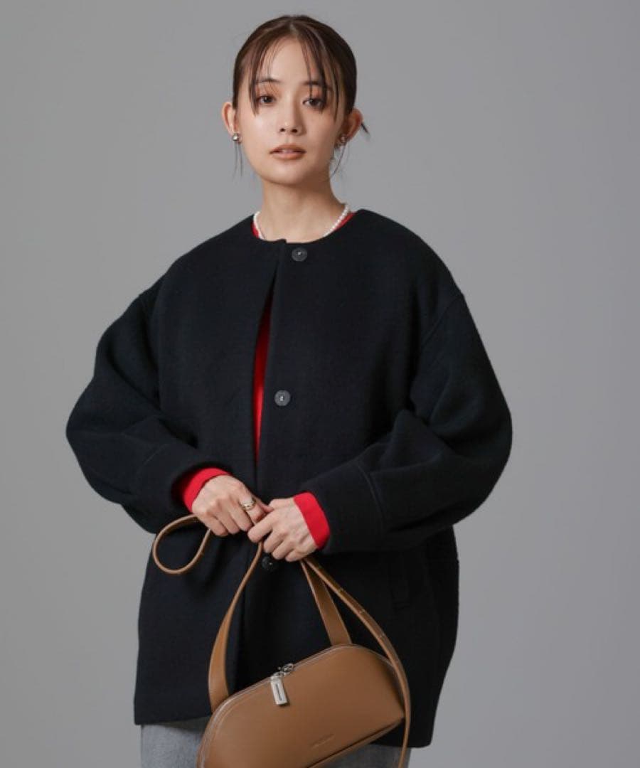 ノーカラーコート コート PECOLAMBウールカシミヤノーカラーミドル丈コート