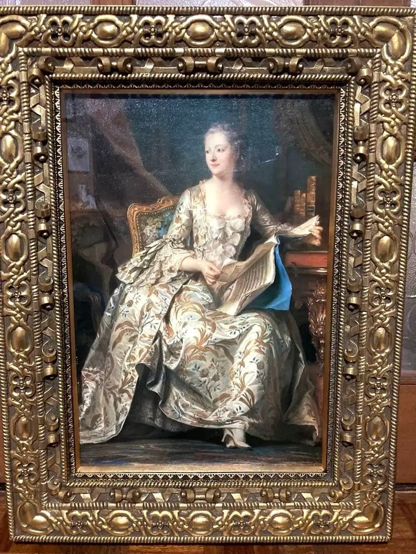 [未使用]肖像画複製　豪華額縁　ラ・トゥール作『ポンパドール侯爵夫人の肖像』
