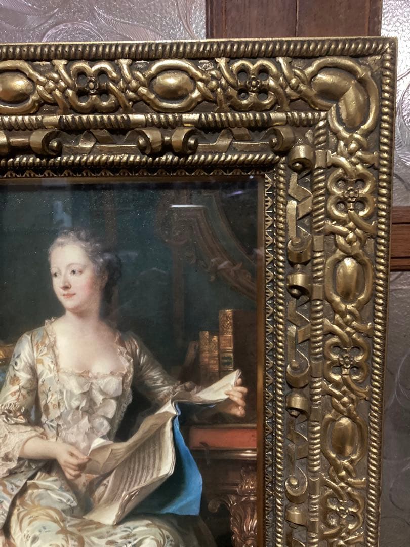 [未使用]肖像画複製　豪華額縁　ラ・トゥール作『ポンパドール侯爵夫人の肖像』
