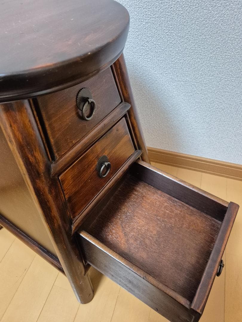 アンティーク　木製サイドテーブル 3段引出し ダークブラウン