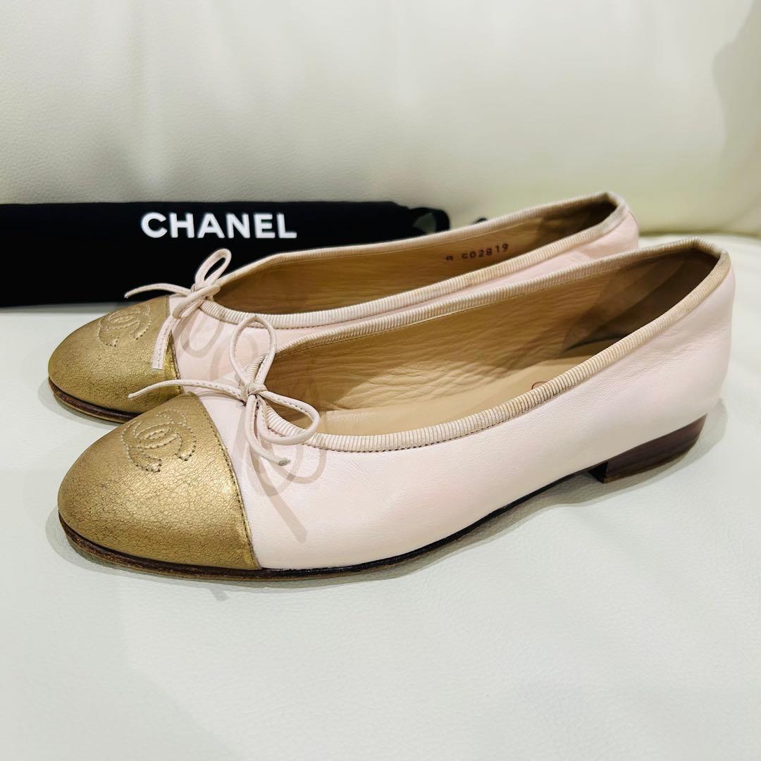 CHANEL ピンク　ゴールド　バレリーナ　バレエシューズ 37 23.5cm