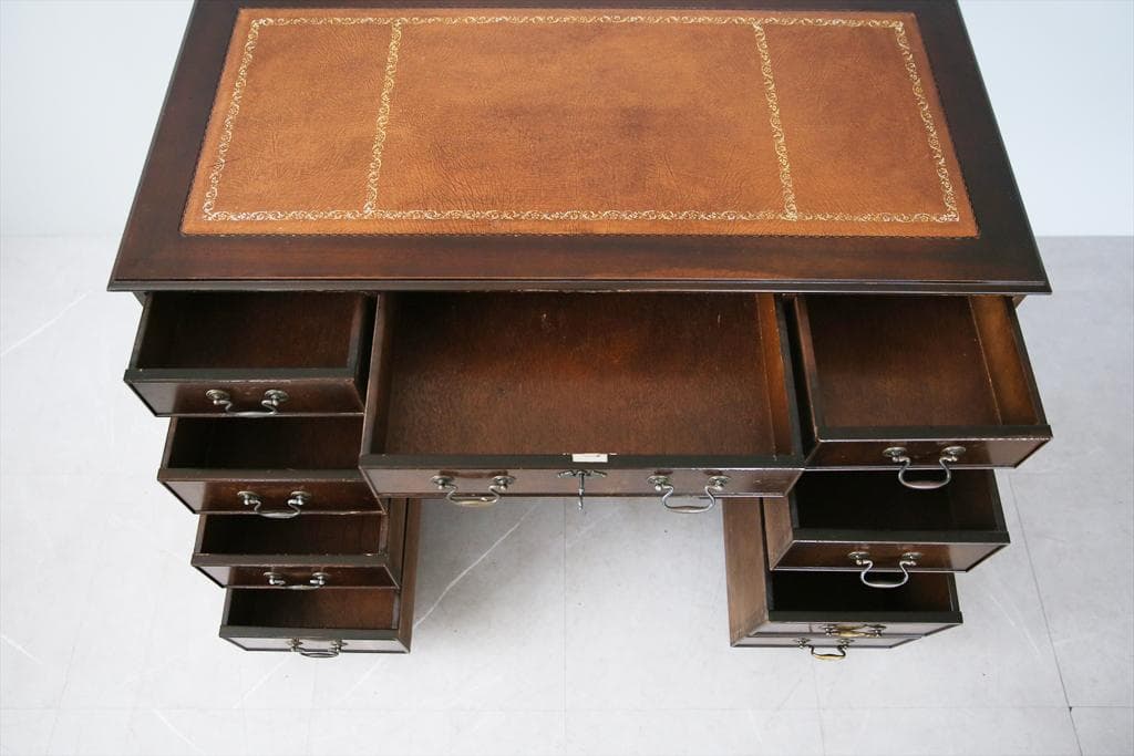 英国アンティーク木製両袖デスク/勉強机テーブル/飾り棚/オフィス事務89-135