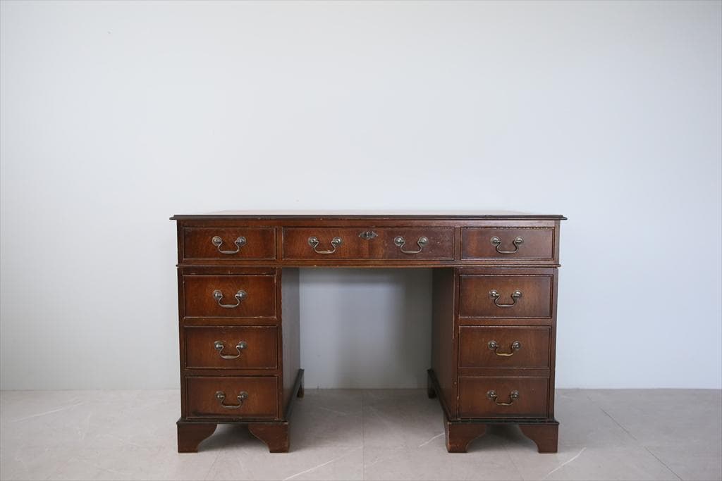 英国アンティーク木製両袖デスク/勉強机テーブル/飾り棚/オフィス事務89-135