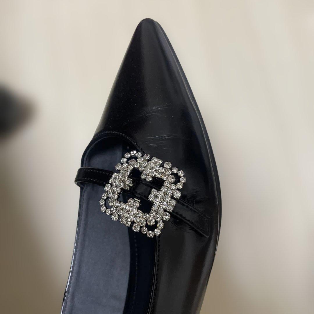 OHGA ビジュー付きブラックフラットシューズ