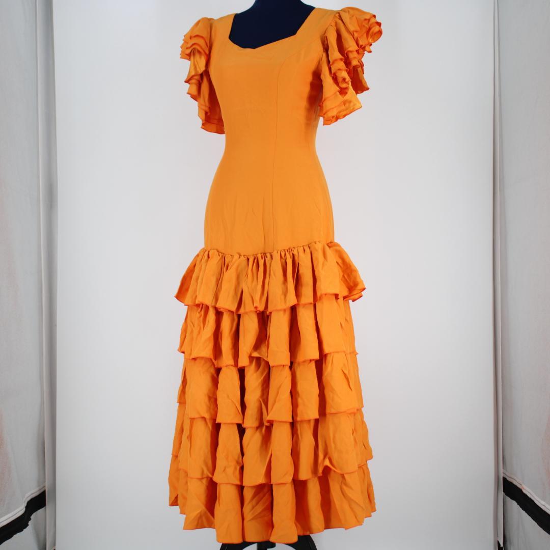 【美品 フラメンコ衣装】オレンジ ワンピース ドレス ボランテ フリル 段々