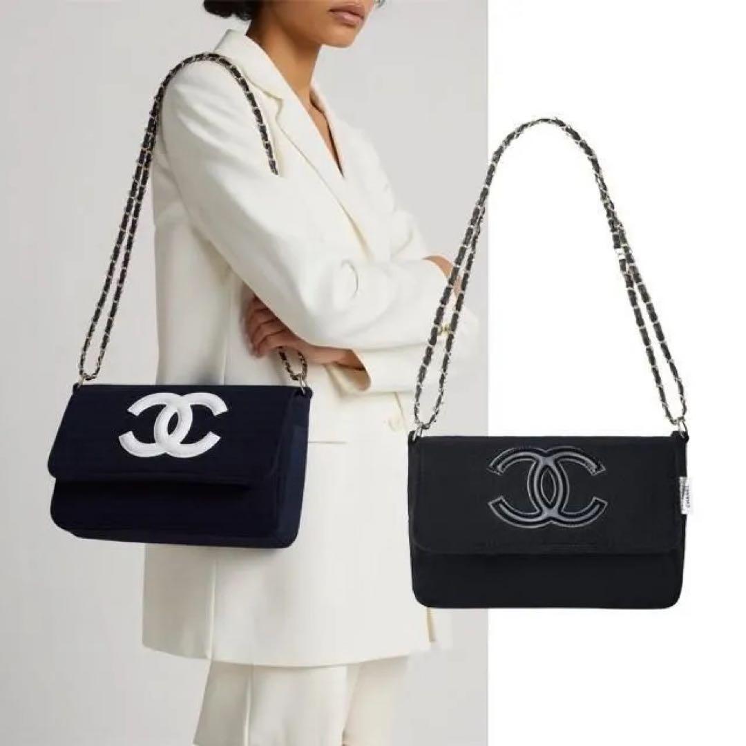 CHANEL シャネル ミニバッグ ポーチ ブラック×ホワイトロゴ チェーン.