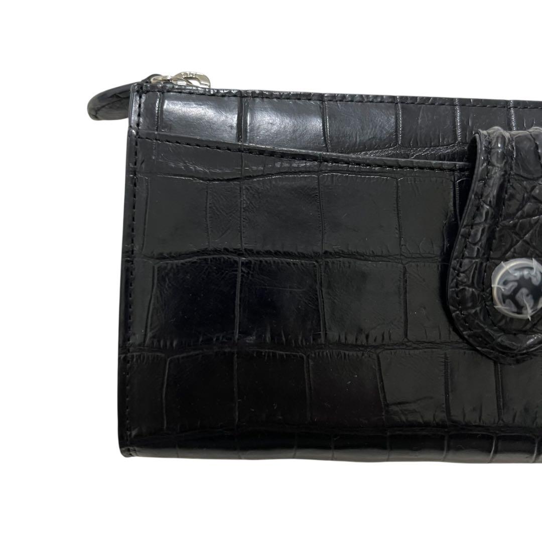 未使用品級 三宝 クロコダイル 長財布 ストーン付 ブラック L字ジップ 多収納