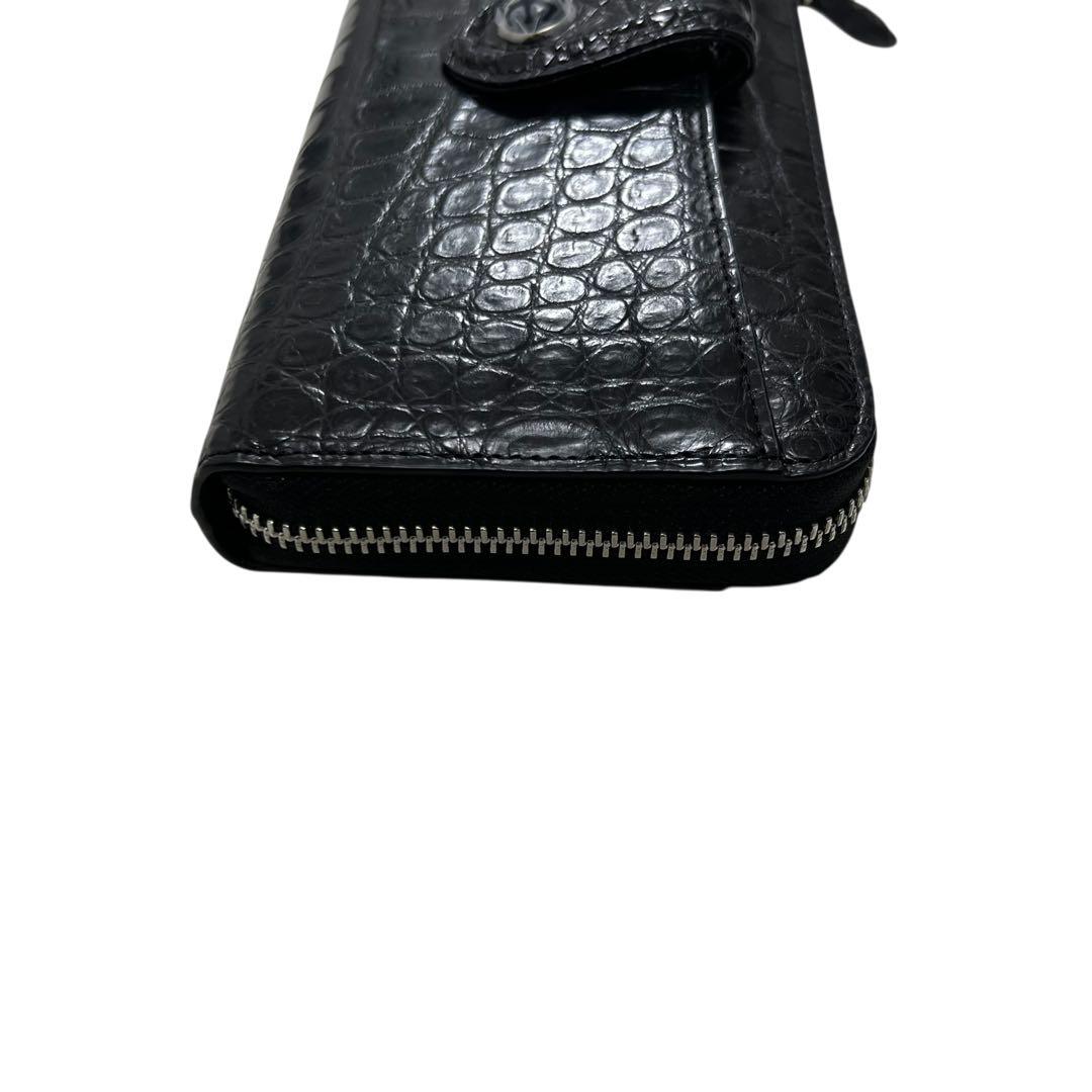 未使用品級 三宝 クロコダイル 長財布 ストーン付 ブラック L字ジップ 多収納