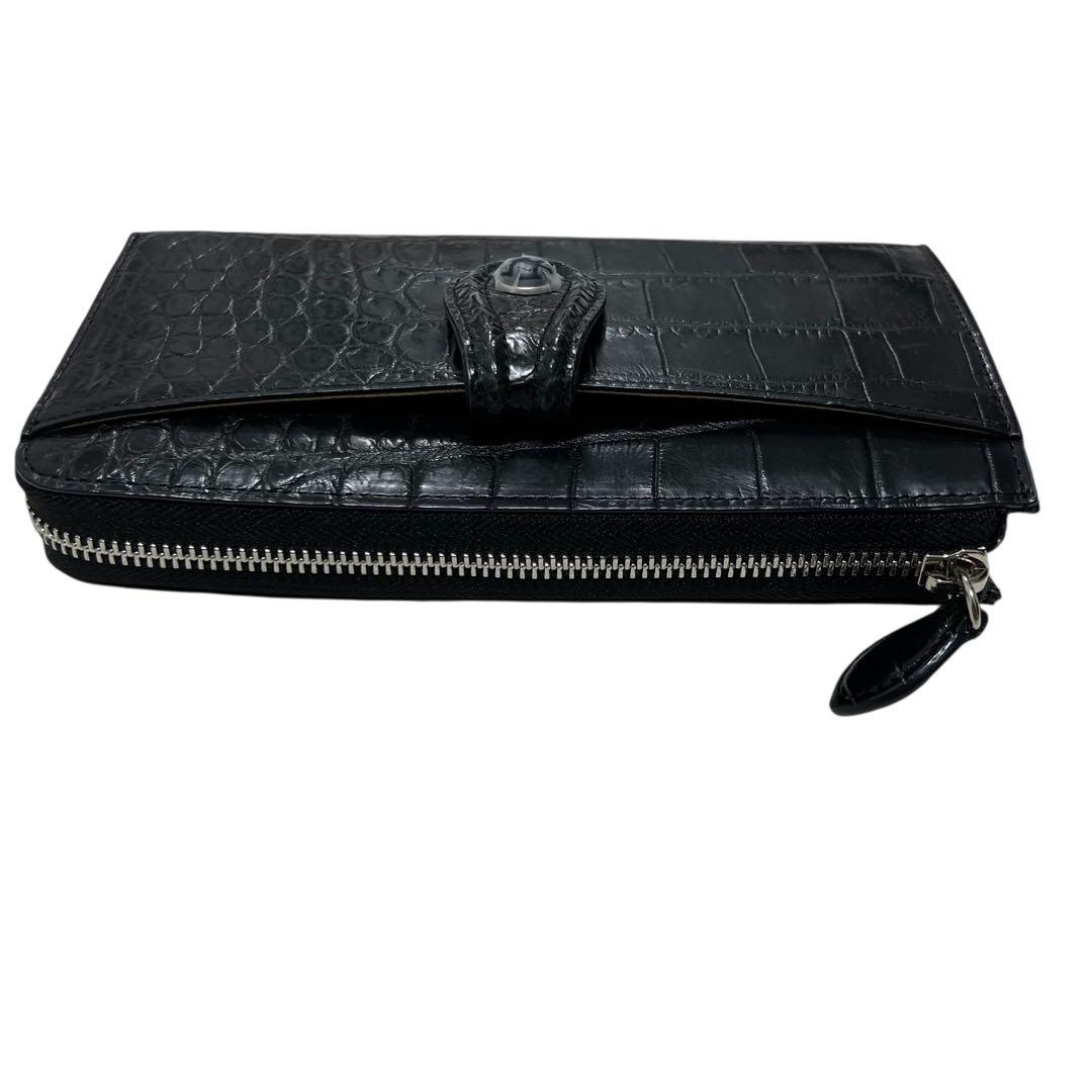 未使用品級 三宝 クロコダイル 長財布 ストーン付 ブラック L字ジップ 多収納