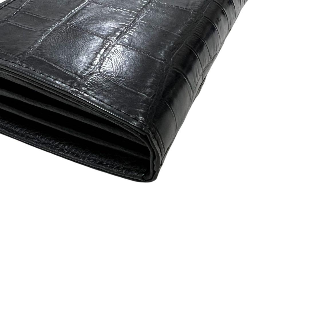 未使用品級 三宝 クロコダイル 長財布 ストーン付 ブラック L字ジップ 多収納