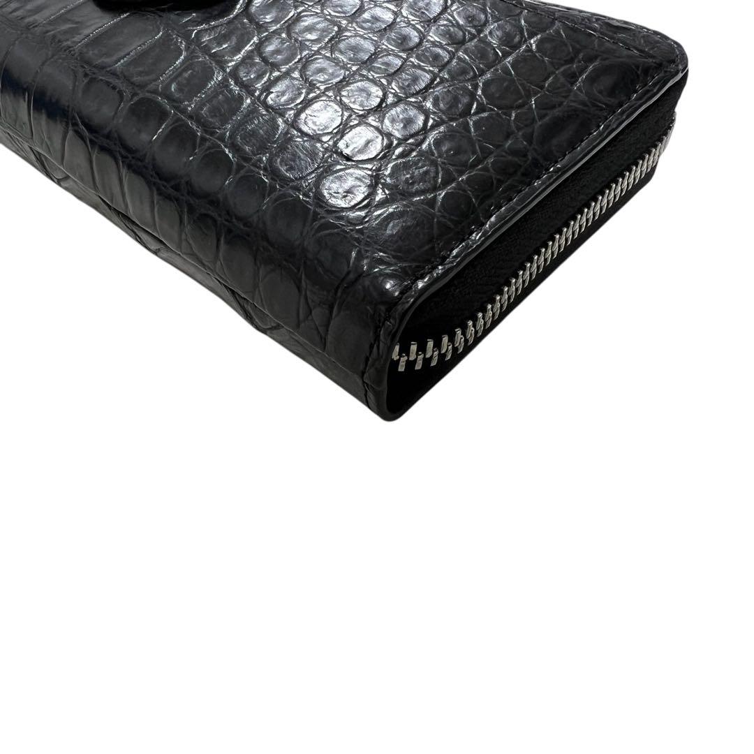 未使用品級 三宝 クロコダイル 長財布 ストーン付 ブラック L字ジップ 多収納