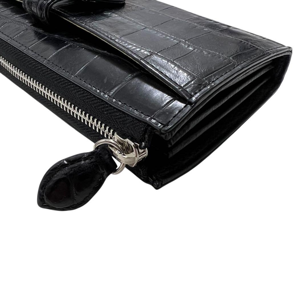 未使用品級 三宝 クロコダイル 長財布 ストーン付 ブラック L字ジップ 多収納