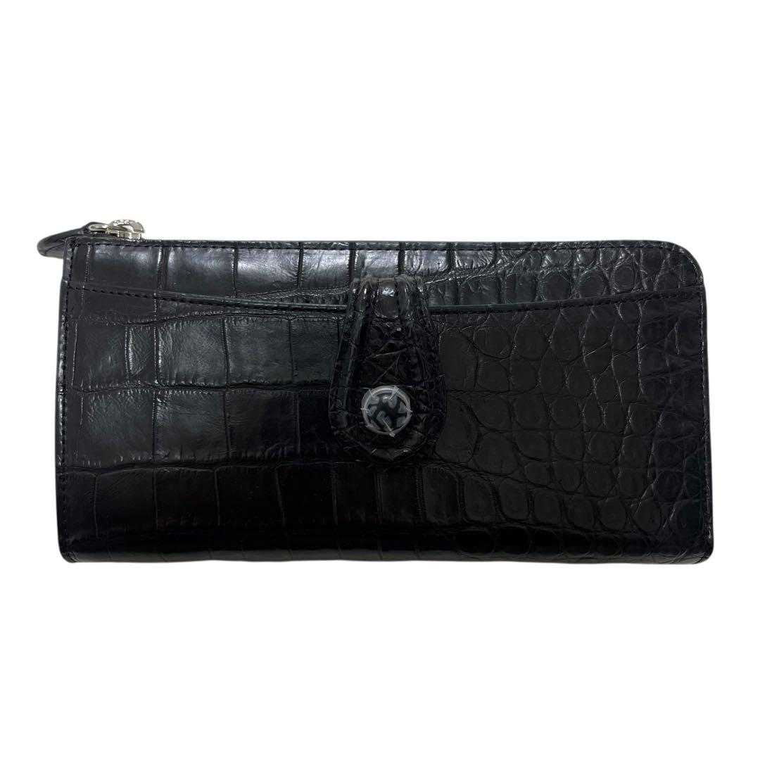 未使用品級 三宝 クロコダイル 長財布 ストーン付 ブラック L字ジップ 多収納