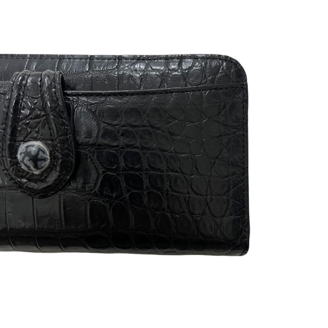 未使用品級 三宝 クロコダイル 長財布 ストーン付 ブラック L字ジップ 多収納