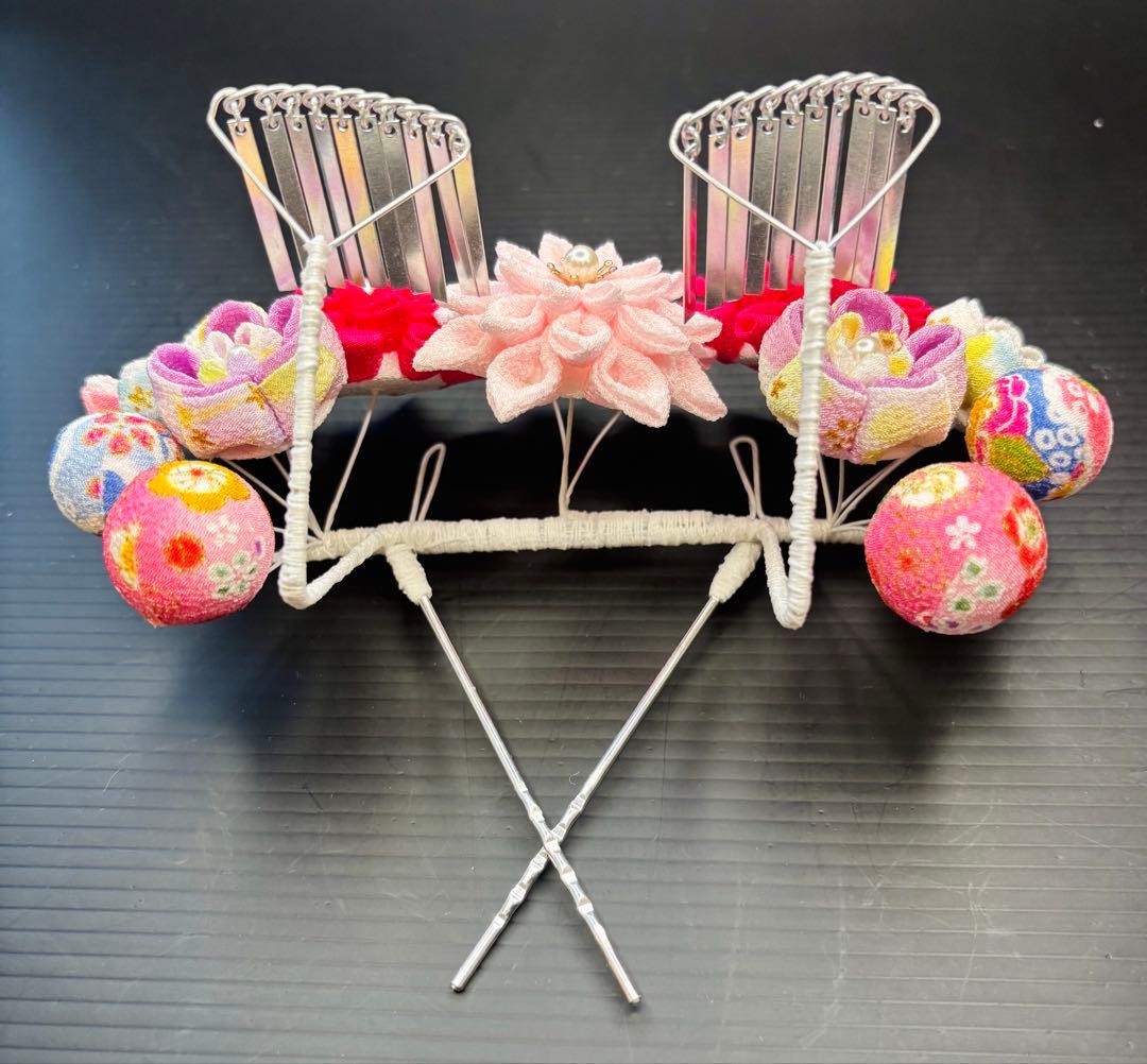 七五三髪飾りセット つまみ細工 7歳 勝山かんざし 芝桜×パールピンク 7-20