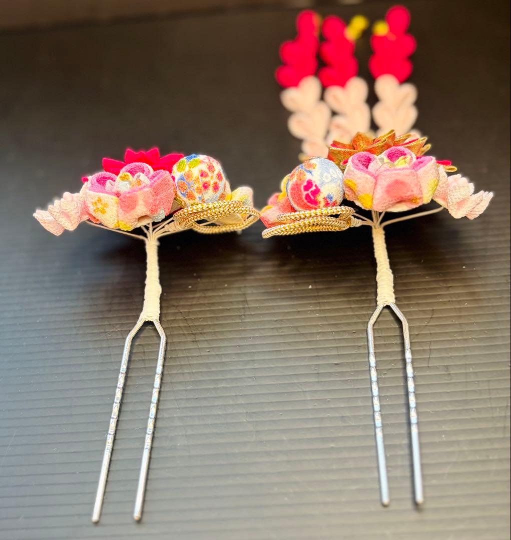 七五三髪飾りセット つまみ細工 7歳 勝山かんざし 芝桜×パールピンク 7-20