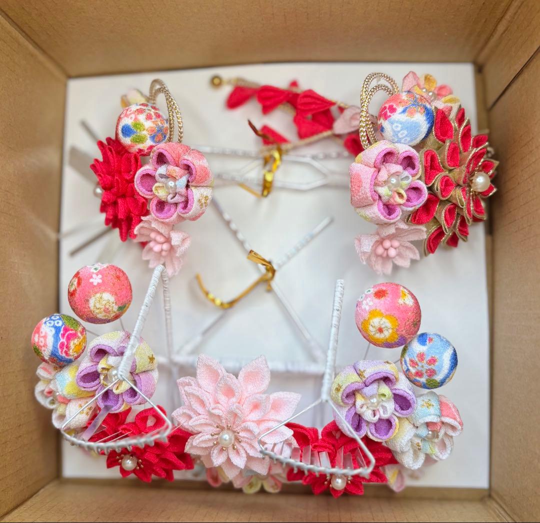 七五三髪飾りセット つまみ細工 7歳 勝山かんざし 芝桜×パールピンク 7-20