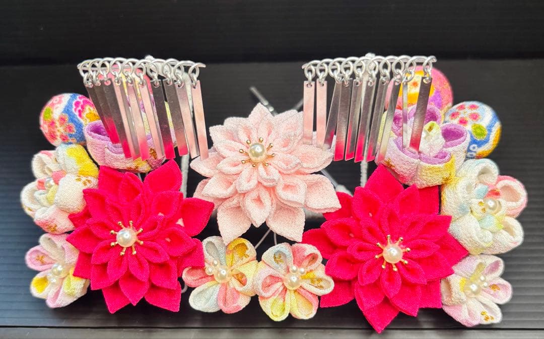 七五三髪飾りセット つまみ細工 7歳 勝山かんざし 芝桜×パールピンク 7-20