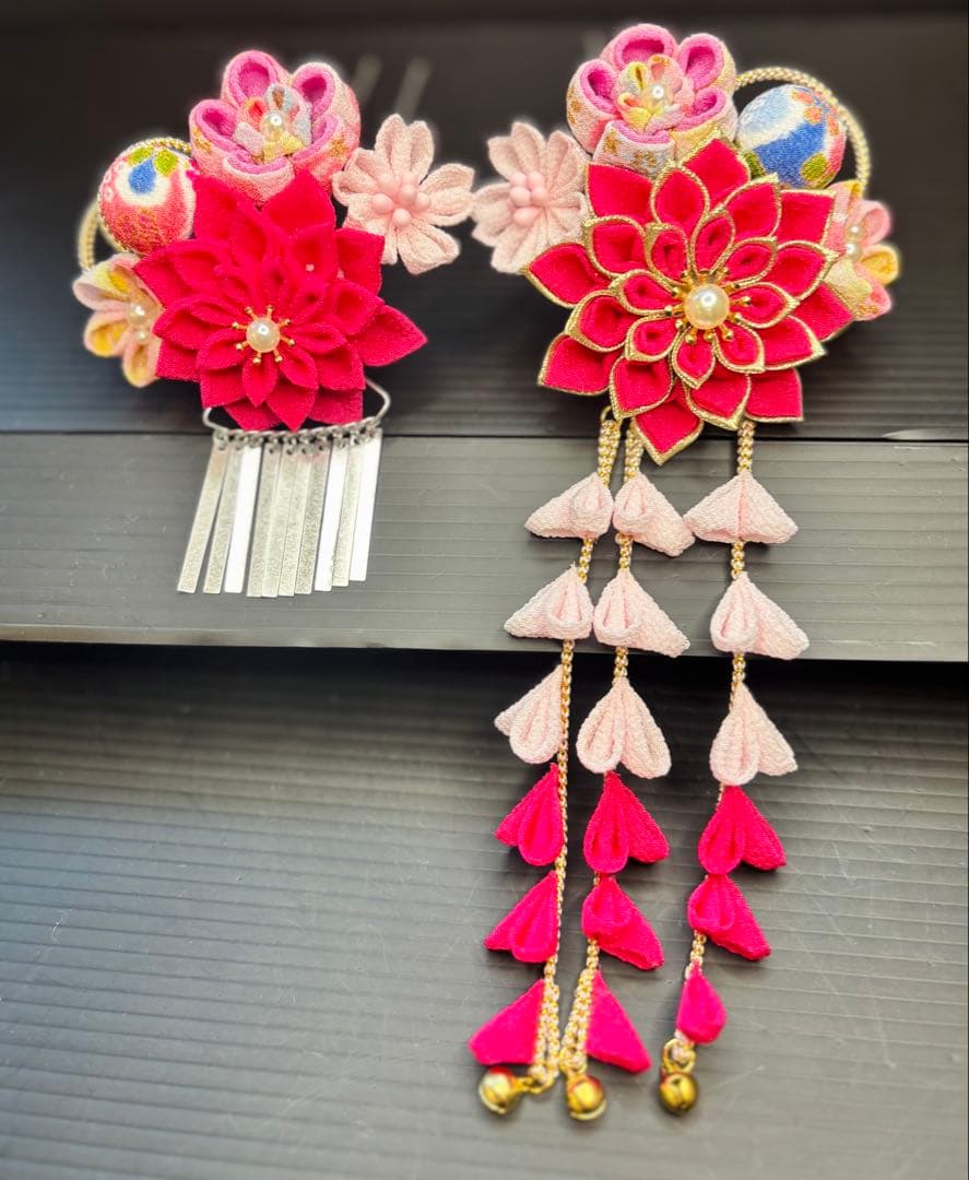 七五三髪飾りセット つまみ細工 7歳 勝山かんざし 芝桜×パールピンク 7-20