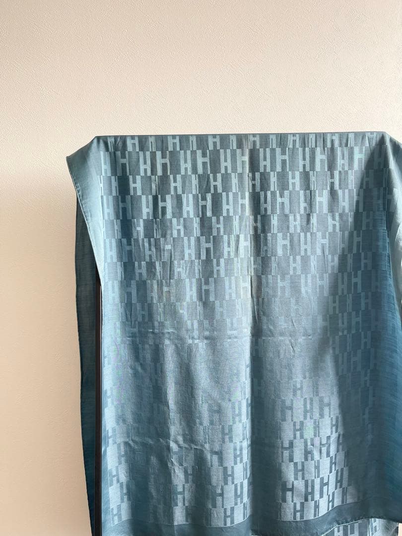 HERMES エルメス Hロゴ ジャガード 大判ショール ストール ブルー系