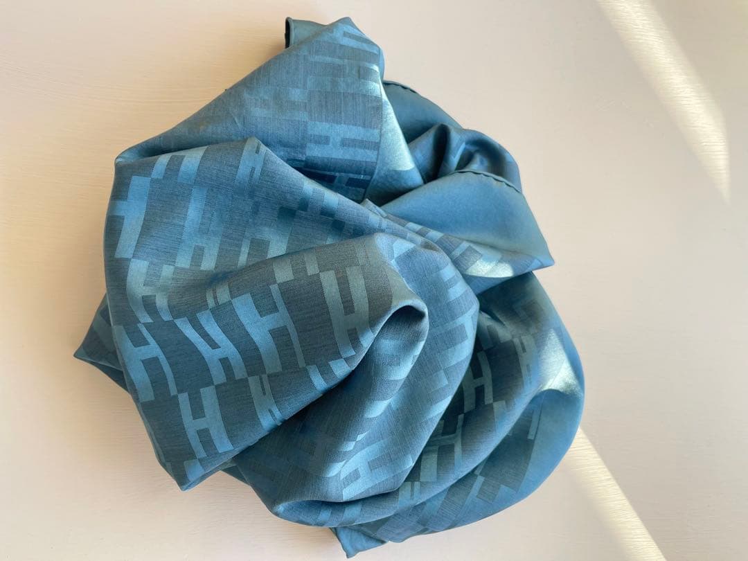 HERMES エルメス Hロゴ ジャガード 大判ショール ストール ブルー系