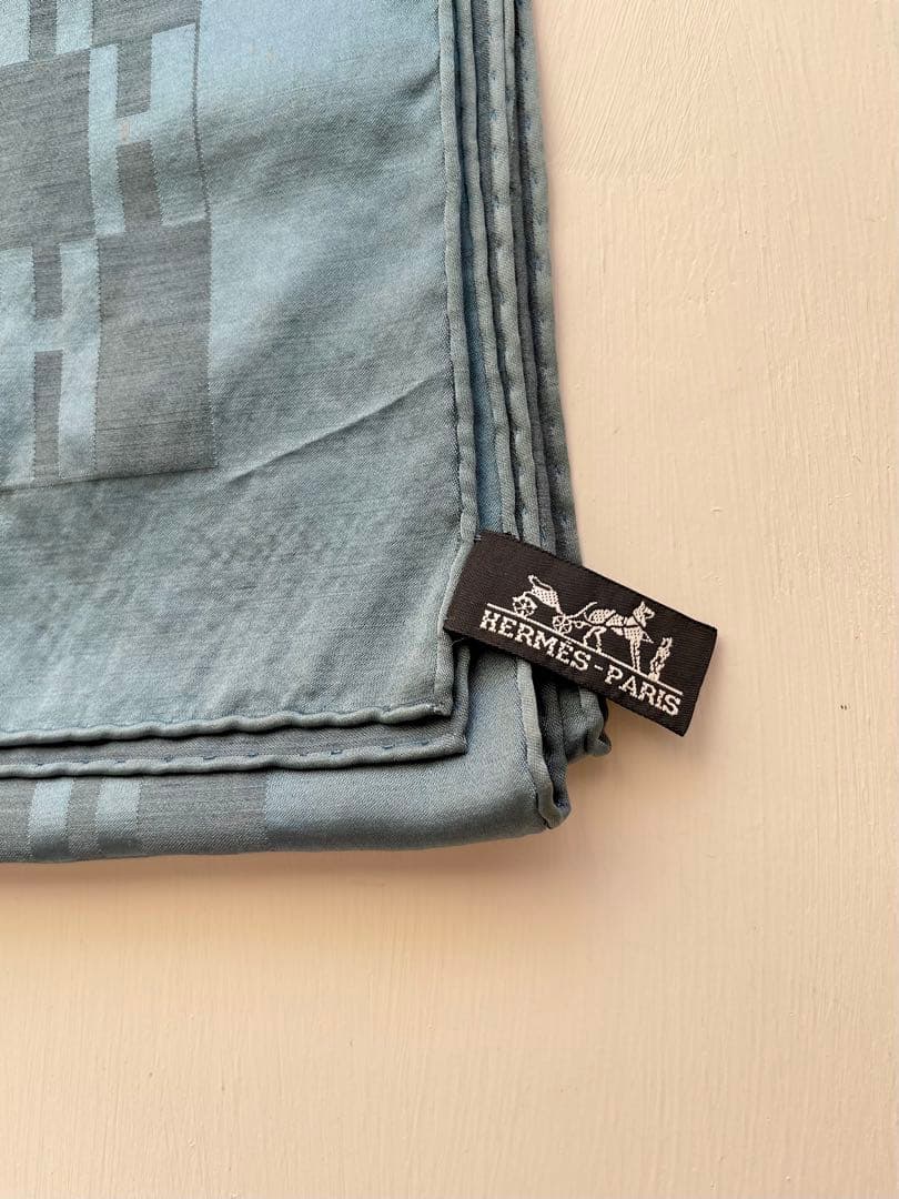 HERMES エルメス Hロゴ ジャガード 大判ショール ストール ブルー系