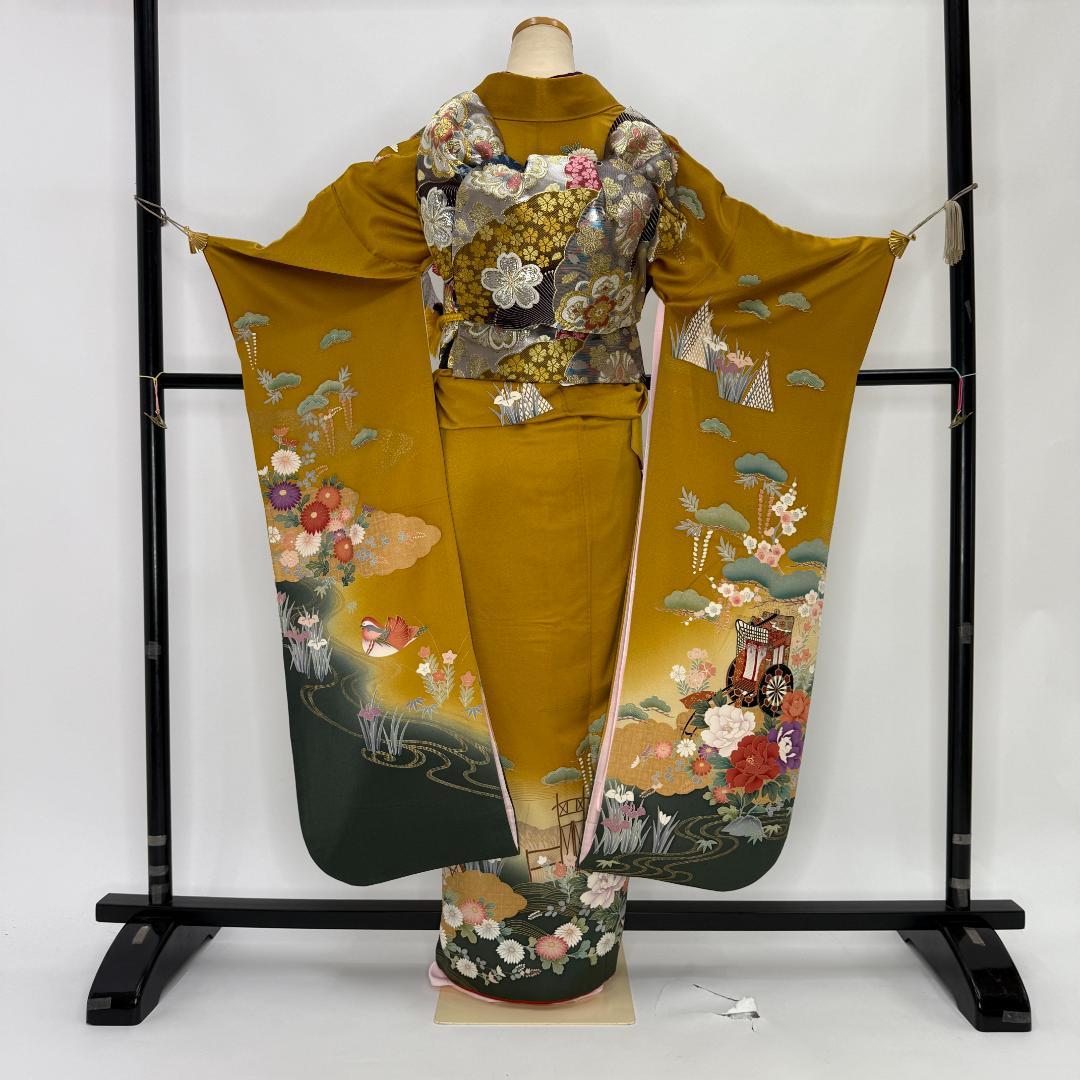 振袖フルセット マスタード色 成人式 草履バック付 裄68cm S-214